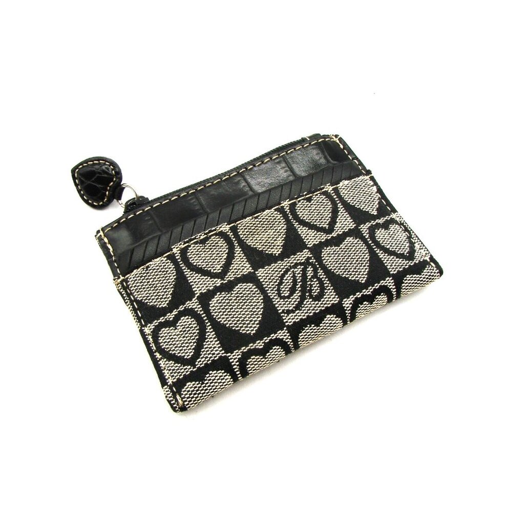Brighton Small Coin Pocket Wallet Card Case Holder Black Heart Canvas Zip 4x3"